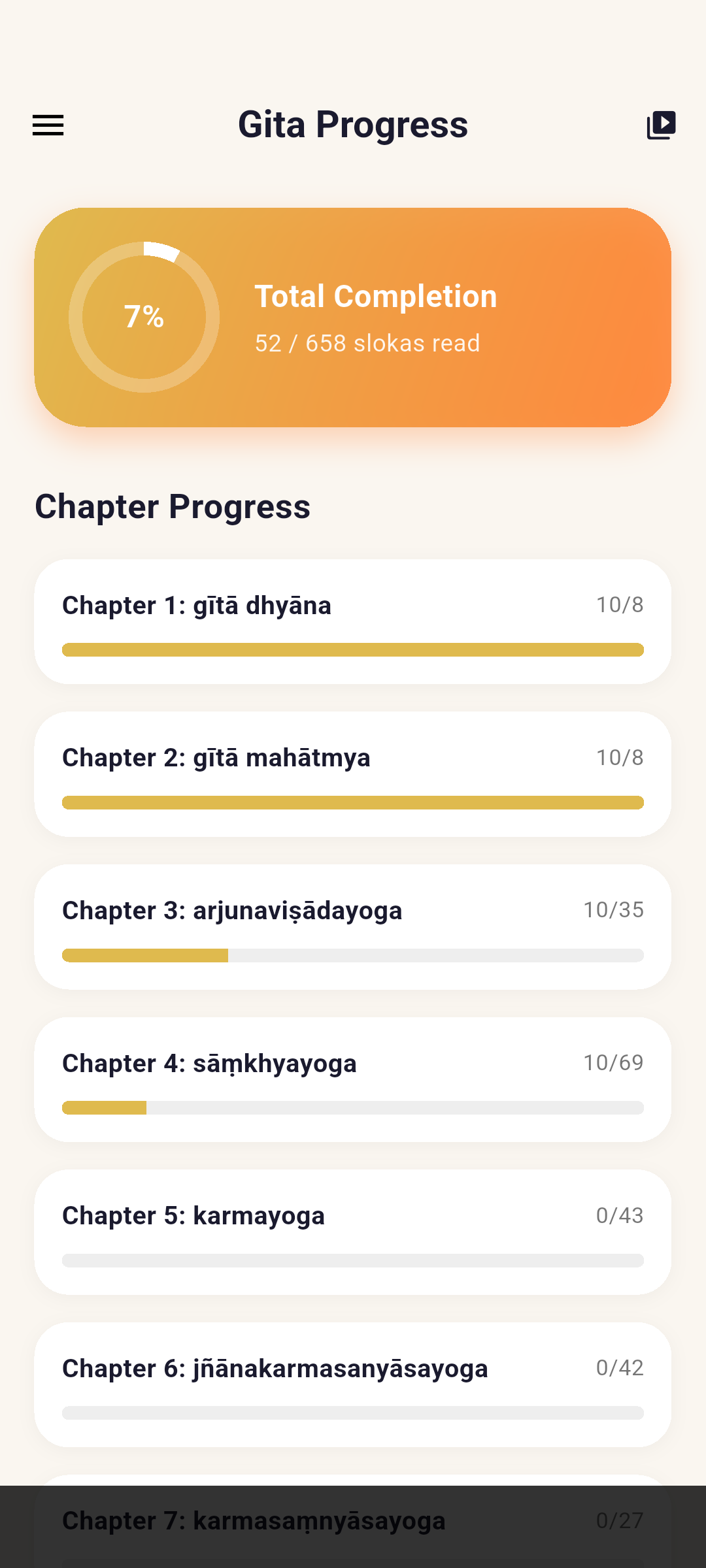 Progress tracking screen